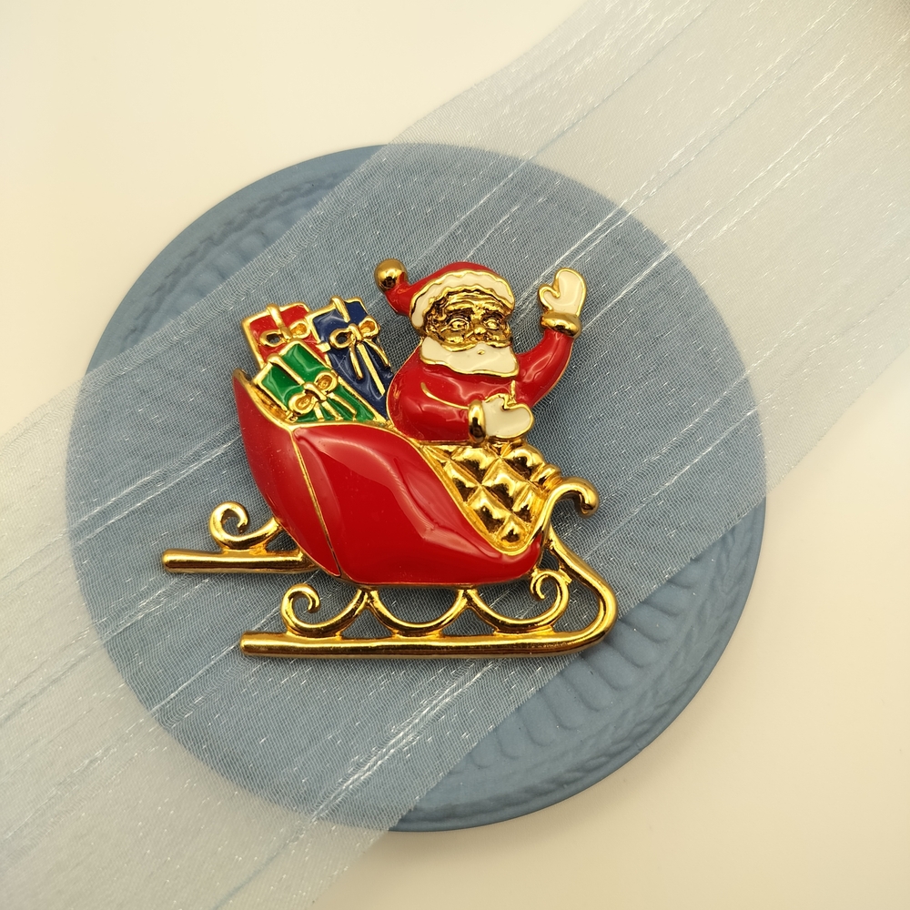 Vintage Avon Red and Gold Tone Santa Sleigh Brooch, Christmas Holidays